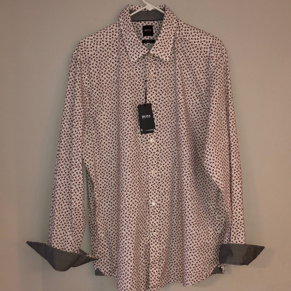 BOSS Hugo Boss Mens Button Down Dress shirt w/floral print & blue accents men XL